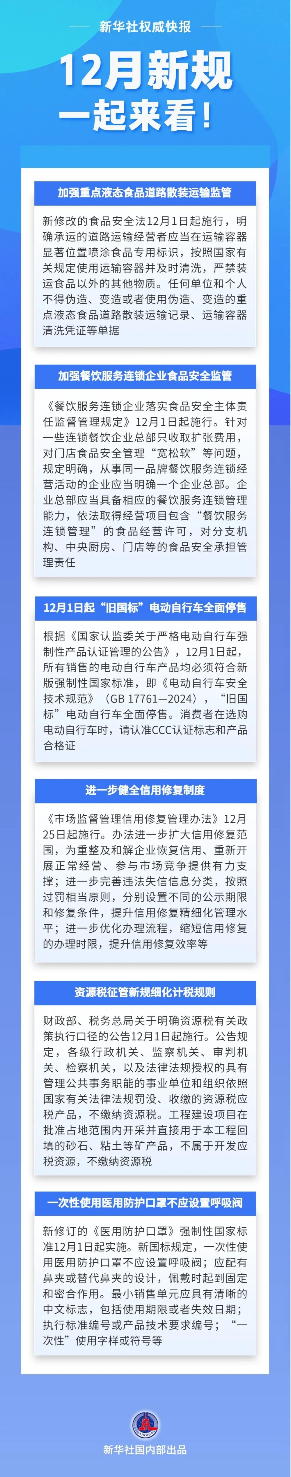 12月起一批新规施行，事关电动自行车、食品安全……